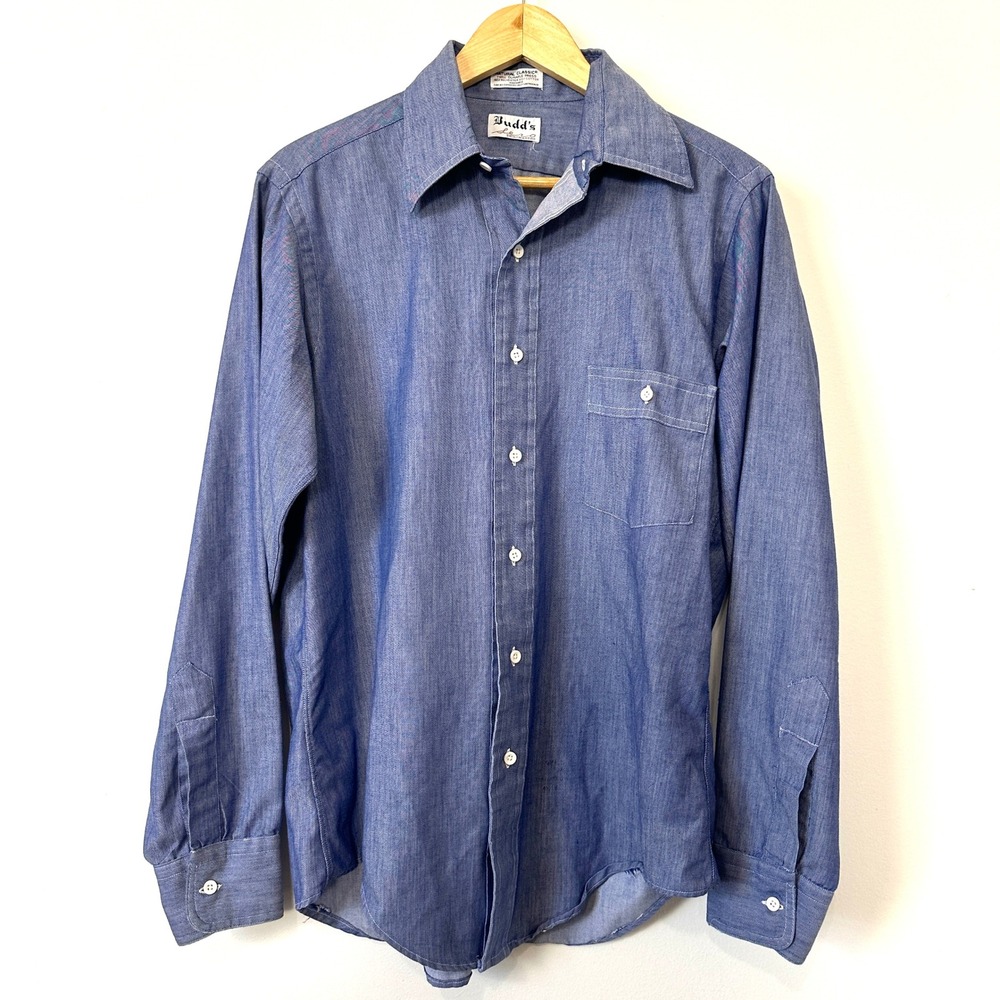 VTG Chambray Shirt Large Blue Workwear Button Down Americana USA 70s 80s